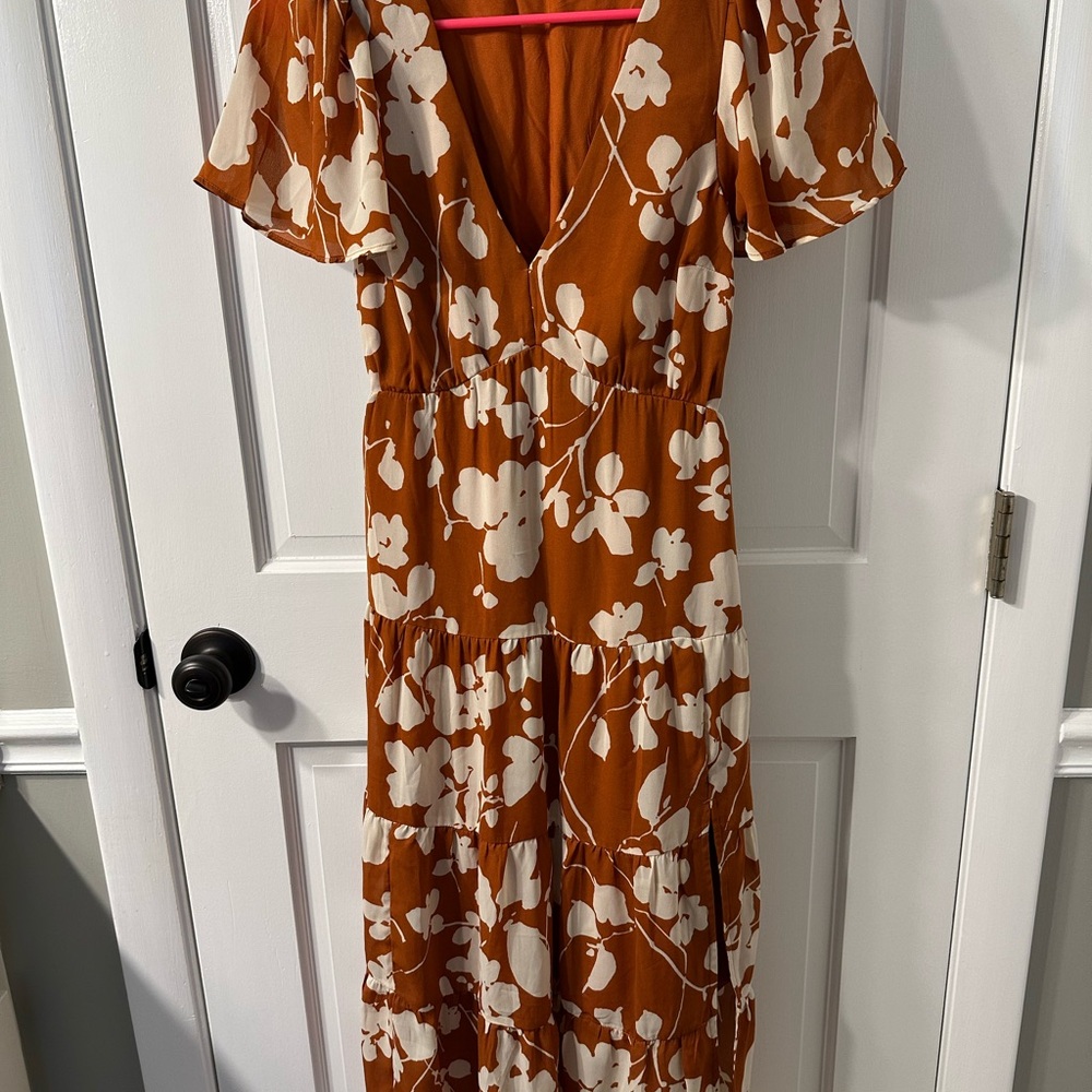 Abercrombie & Fitch Orange/Brown Tiered Midi Sundress with Flutter Sleeves